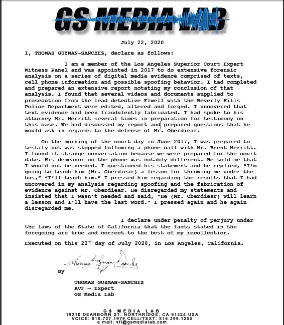 Steven Clark Oberdiear - Declaration Ca State Appointed Expert - defendant was framed